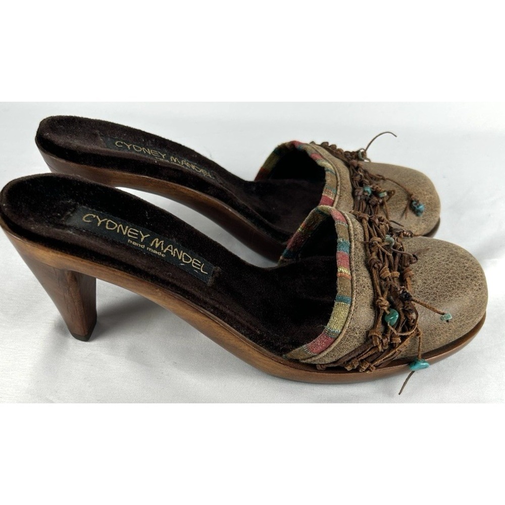 Cydney Mandel Brown Hand Made Leather Wooden Heels Mules Sz 6.5 Beads Fringe